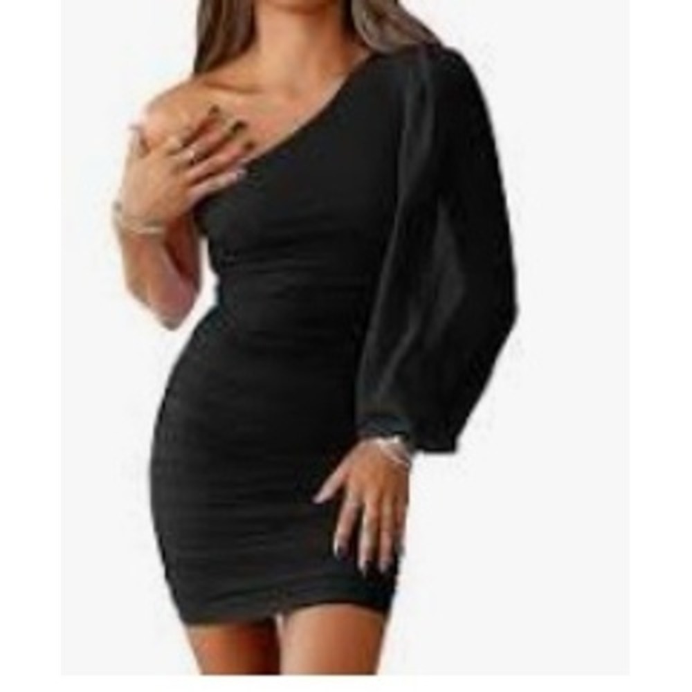 ANRABESS Womens Black One Shoulder Ruched Bodycon Mini Dress Size L Long Sleeve